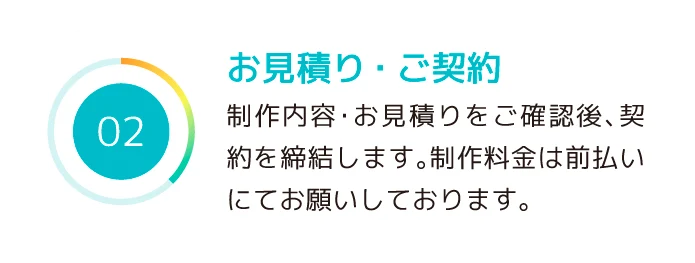 02 お見積り・ご契約　制作内容・お見積りをご確認後、契約を締結します。制作料金は前払いにてお願いしております。